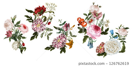 Bouquets with oil painting rococo still-lifes flowers. Vector. 126762619