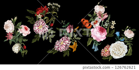 Bouquets with oil painting rococo still-lifes flowers. Vector. 126762621