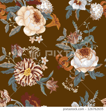 Seamless floral pattern with oil painting rococo still-lifes flowers. Vector. 126762635