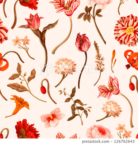Seamless floral pattern with oil painting rococo still-lifes flowers. Vector. Seamless floral pattern with oil painting rococo still-lifes flowers. Vector. 126762643
