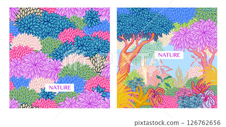 Cards with vivid stylized trees and plants in graphic style. Vector. 126762656