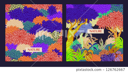 Cards with vivid stylized trees and plants in graphic style. Vector. 126762667