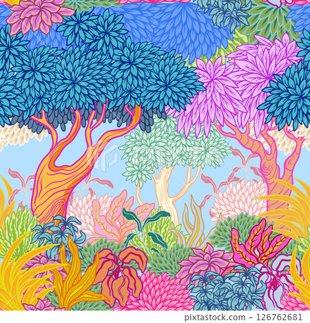 Mural with vivid stylized trees and plants in graphic style. Vector. Mural with vivid stylized trees and plants in graphic style. Vector. 126762681