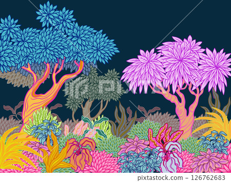 Mural with vivid stylized trees and plants in graphic style. Vector. Mural with vivid stylized trees and plants in graphic style. Vector. 126762683