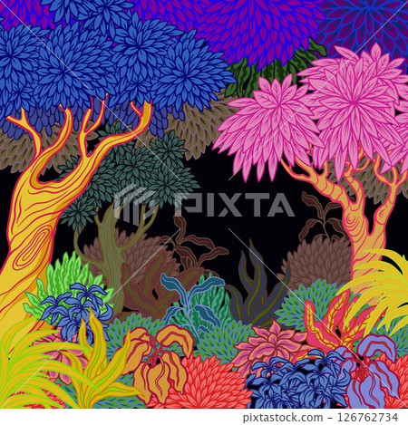 Mural with vivid stylized trees and plants in graphic style. Vector. Mural with vivid stylized trees and plants in graphic style. Vector. 126762734
