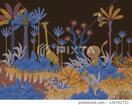 Mural with simple animals, trees and plants. Tropical jungle vector for kids. 126762751