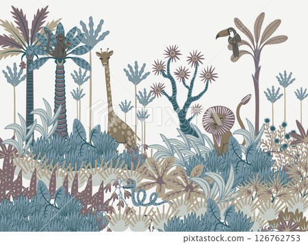 Mural with simple animals, trees and plants. Tropical jungle vector for kids. 126762753