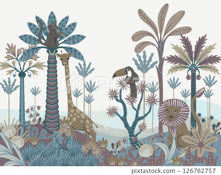 Mural with simple animals, trees and plants. Tropical jungle vector for kids. 126762757