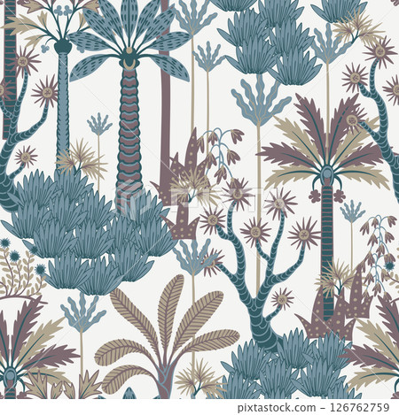 Seamless pattern with simple trees and plants. Tropical jungle vector. Seamless pattern with simple trees and plants. Tropical jungle vector. 126762759