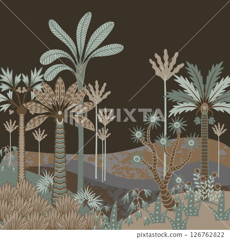 Mural with simple landscape with trees and plants. Tropical jungle vector. 126762822