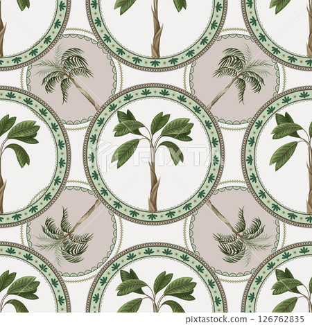 Seamless pattern with ornamental circle and palm trees. Vector. Seamless pattern with ornamental circle and palm trees. Vector. 126762835