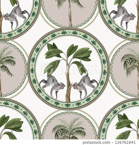 Seamless pattern with ornamental circle, monkeys and palm trees. Vector. 126762841