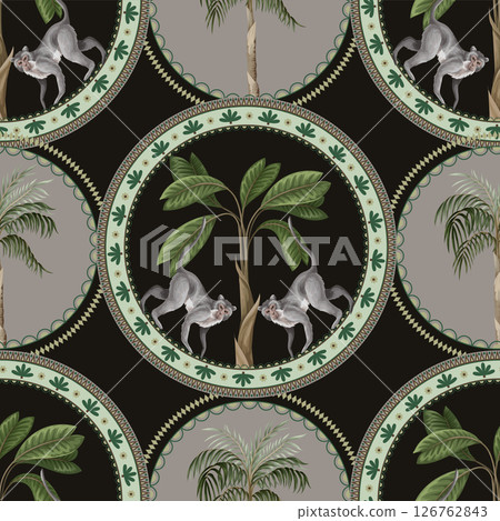Seamless pattern with ornamental circle, monkeys and palm trees. Vector. 126762843