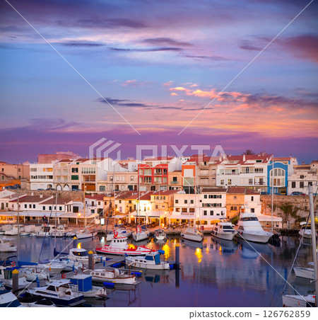Ciutadella Menorca marina Port sunset with boats Ciutadella Menorca marina Port sunset with boats 126762859