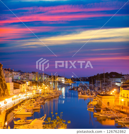 Ciutadella Menorca marina Port sunset town hall and cathedral 126762862