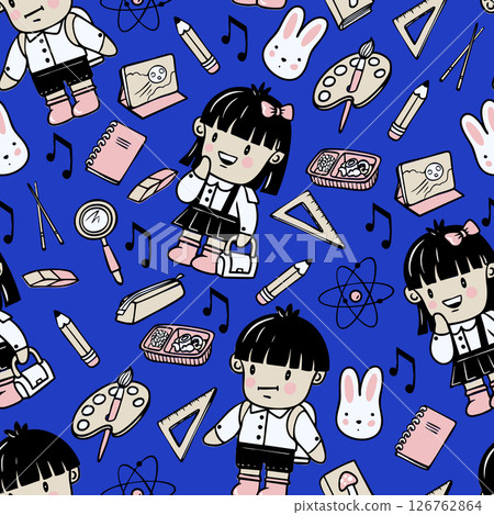 Chinese boy and girl schoolchildren and school supplies in cartoon style. Vector. 126762864