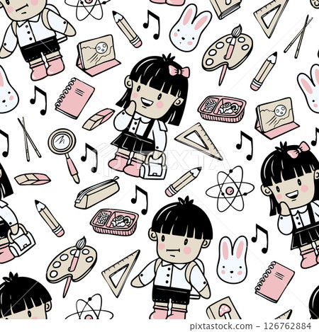 Chinese boy and girl schoolchildren and school supplies in cartoon style. Vector. Chinese boy and girl schoolchildren and school supplies in cartoon style. Vector. 126762884