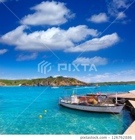 Menorca Es Grau clean port with llaut boats in Balearics 126762886