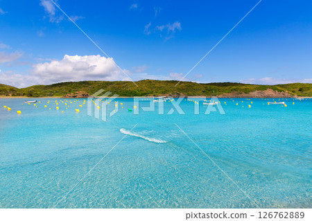 Menorca Es Grau clean port with llaut boats in Balearics 126762889