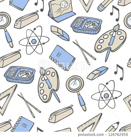 Seamless pattern with Chinese school supplies in cartoon style. Vector. 126762958