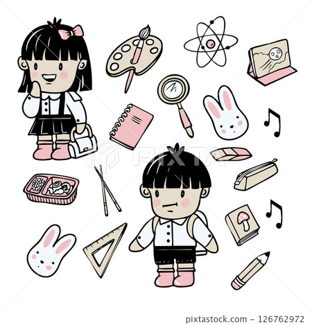 Chinese boy and girl schoolchildren and school supplies isolated cartoon style. Vector. 126762972