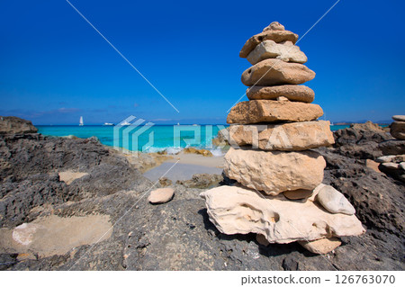 Stone figures on beach shore of Illetes beach in Formentera 126763070