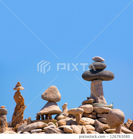 Stone figures on beach shore of Illetes beach in Formentera 126763080