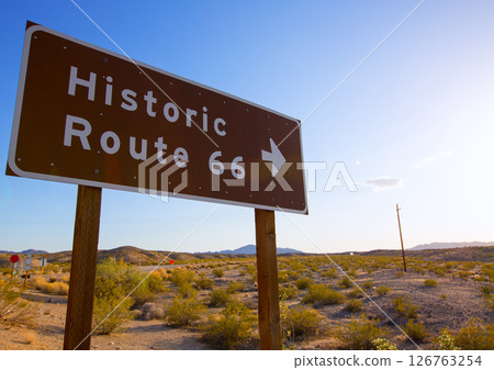 Historic route 66 road sing in Mohave Desert of California 126763254