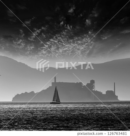 Alcatraz island penitentiary at sunset backlight in san Francisco 126763481
