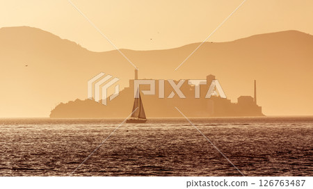 Alcatraz island penitentiary at sunset backlight in san Francisco 126763487