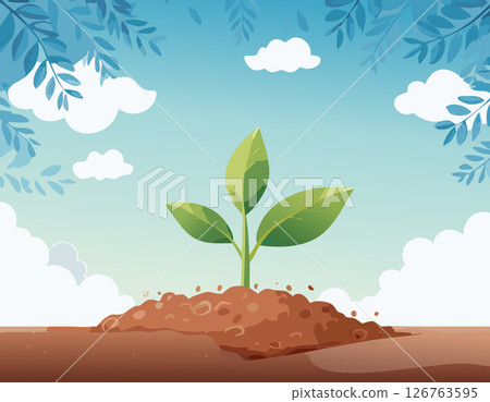 Young sprout growing from fertile soil under a clear sky, surrounded by floating leaves and peaceful nature, digital illustration with a soft and clean aesthetic. Young sprout growing from fertile soil under a clear sky, surrounded by floating leaves and peaceful nature, digital illustration with a soft and clean aesthetic. 126763595