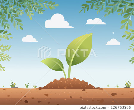 Small green plant emerging from earth with morning light and soft shadows, ideal for concepts of new beginnings and sustainable growth. 126763596