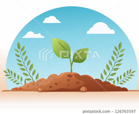 Green leaves sprouting from a young plant in soft dirt, surrounded by natural foliage and cloudy blue sky in a flat, digital style. 126763597