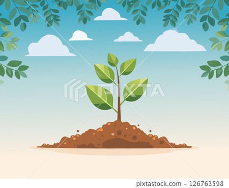 A small plant breaking through rich soil under a bright blue sky, conveying hope, renewal, and environmental sustainability in modern art style. A small plant breaking through rich soil under a bright blue sky, conveying hope, renewal, and environmental sustainability in modern art style. 126763598