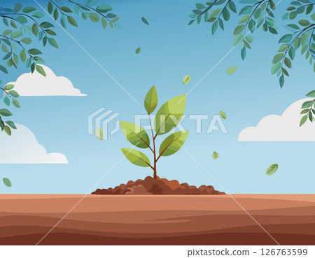 Bright green plant growing from dirt with morning sky background, ideal for themes of sustainability, eco lifestyle, and natural energy. Bright green plant growing from dirt with morning sky background, ideal for themes of sustainability, eco lifestyle, and natural energy. 126763599