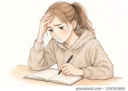 Illustration of a female student worried before an exam | Facial expression of anxiety and impatience Illustration of a female student worried before an exam | Facial expression of anxiety and impatience 126763600