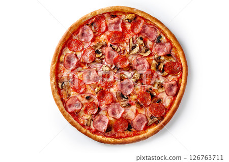 Delicious pizza with pepperoni, ham, mushrooms, and onions on white background Delicious pizza with pepperoni, ham, mushrooms, and onions on white background 126763711