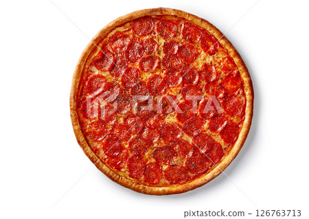 Top view of a whole pepperoni pizza showing its cheesy and spicy goodness 126763713