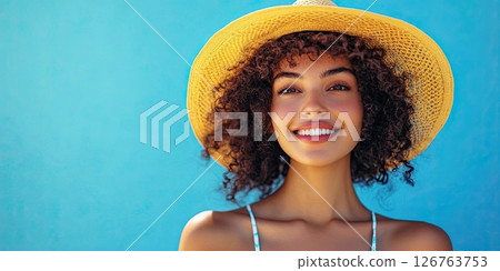 Stylish summer portrait of a woman wearing a straw hat and looking at camera on blue backdrop 126763753