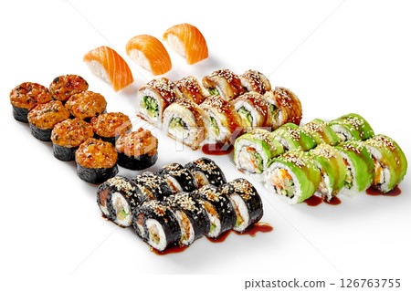 Sushi set presenting variety of delicious japanese food with salmon, eel, avocado and sesame seeds Sushi set presenting variety of delicious japanese food with salmon, eel, avocado and sesame seeds 126763755