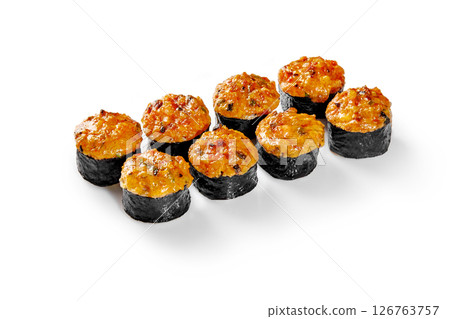 Baked sushi rolls with spicy sauce arranged on white background Baked sushi rolls with spicy sauce arranged on white background 126763757