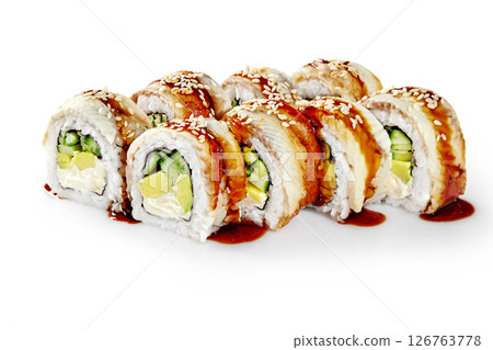 Delicious sushi rolls with eel, avocado, cucumber, cream cheese, sesame and unagi sauce on white background 126763778