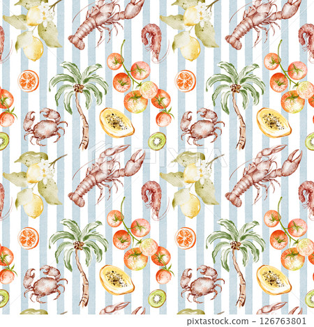 Mediterranean Seamless Watercolor Pattern with Seafood and Citrus on Blue Stripes Mediterranean Seamless Watercolor Pattern with Seafood and Citrus on Blue Stripes 126763801