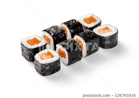 Delicious salmon hosomaki sushi rolls with nori seaweed on white background Delicious salmon hosomaki sushi rolls with nori seaweed on white background 126763816