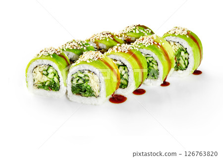 Green dragon sushi rolls with avocado, cucumber, sesame seeds and unagi sauce drizzled on white background Green dragon sushi rolls with avocado, cucumber, sesame seeds and unagi sauce drizzled on white background 126763820