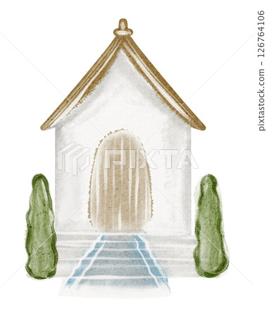 Watercolor Illustration of Rural Church with Steeple and Cross Watercolor Illustration of Rural Church with Steeple and Cross 126764106