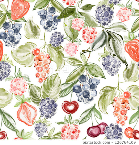 Watercolor Seamless Berry Pattern with Botanical Elements 126764109