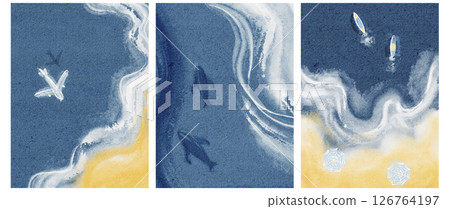 Watercolor Aerial View of Tropical Ocean Coastline Watercolor Aerial View of Tropical Ocean Coastline 126764197