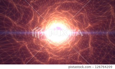 Abstract golden energy core surrounded by glowing mesh network, creating a tunnel with radiating light beams 126764209