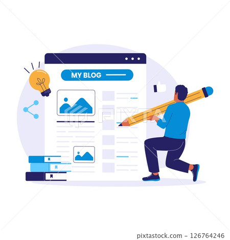 Blogging Illustration of Man Writing Blog Content with Pencil Blogging Illustration of Man Writing Blog Content with Pencil 126764246